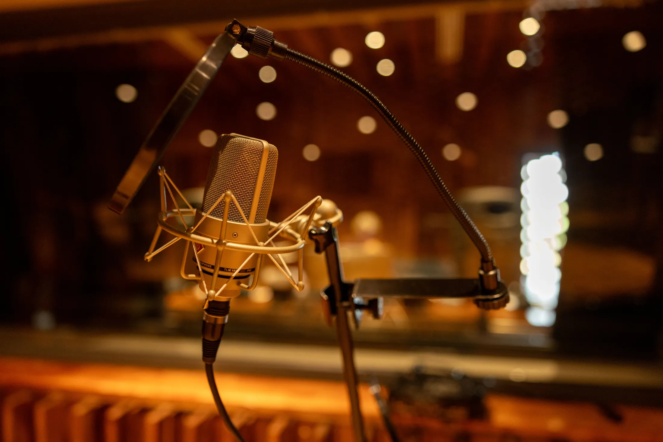 A large-diaphragm condenser microphone in its shock mount, warm studio lights glowing behind